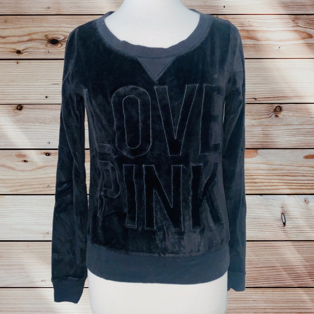 L1‎ PINK Victoria's Secret black on black velour sweatshirt pullover Small women